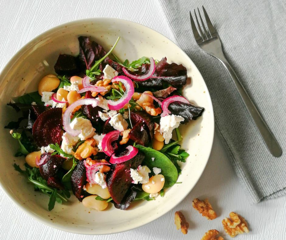 Gut-friendly Beetroot, butterbean and walnut salad with feta